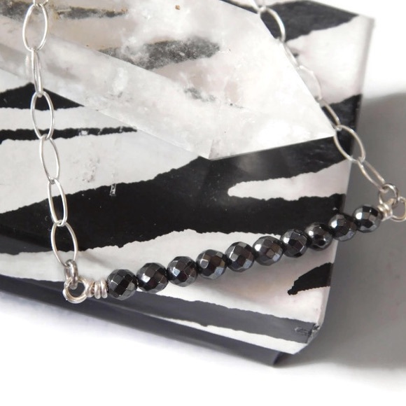 925 Sterling Silver Genuine Real Faceted Onyx Gemstone Bar Protection Necklace - Picture 6 of 8